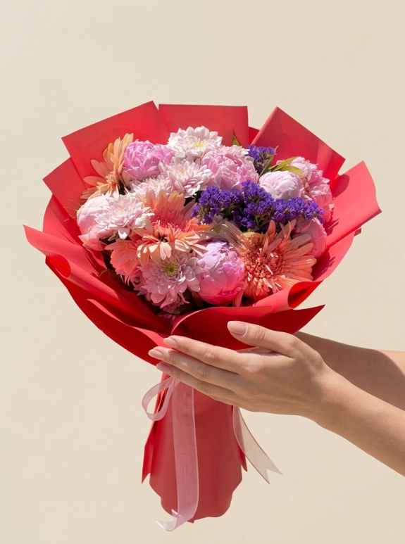 Kırmızı Ambalajda Pembe Şakayık Ve Gerbera Buketi